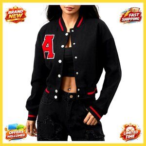 Varsity Bomber Jacket Letter Graphic Button Down Long Sleeve Baseball Outerwear